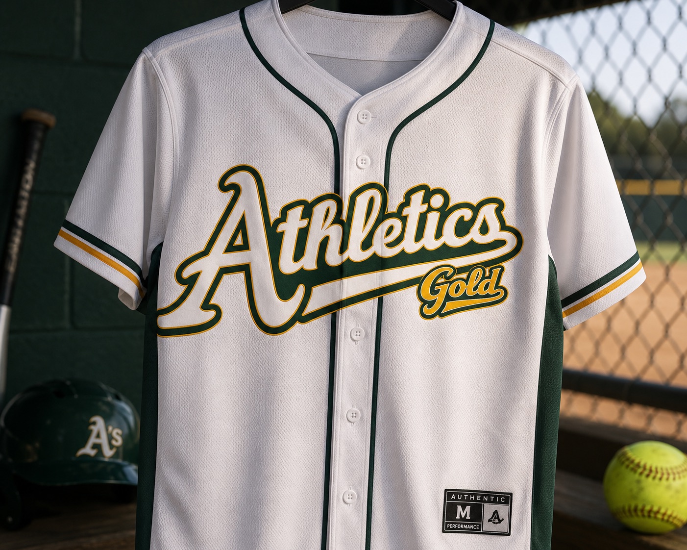 Athletics Gold jersey in dugout setting