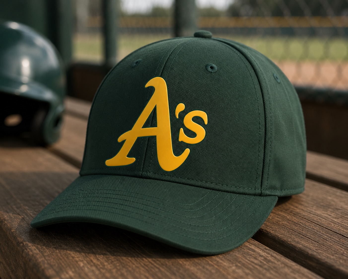 Athletics Gold cap on a dugout bench