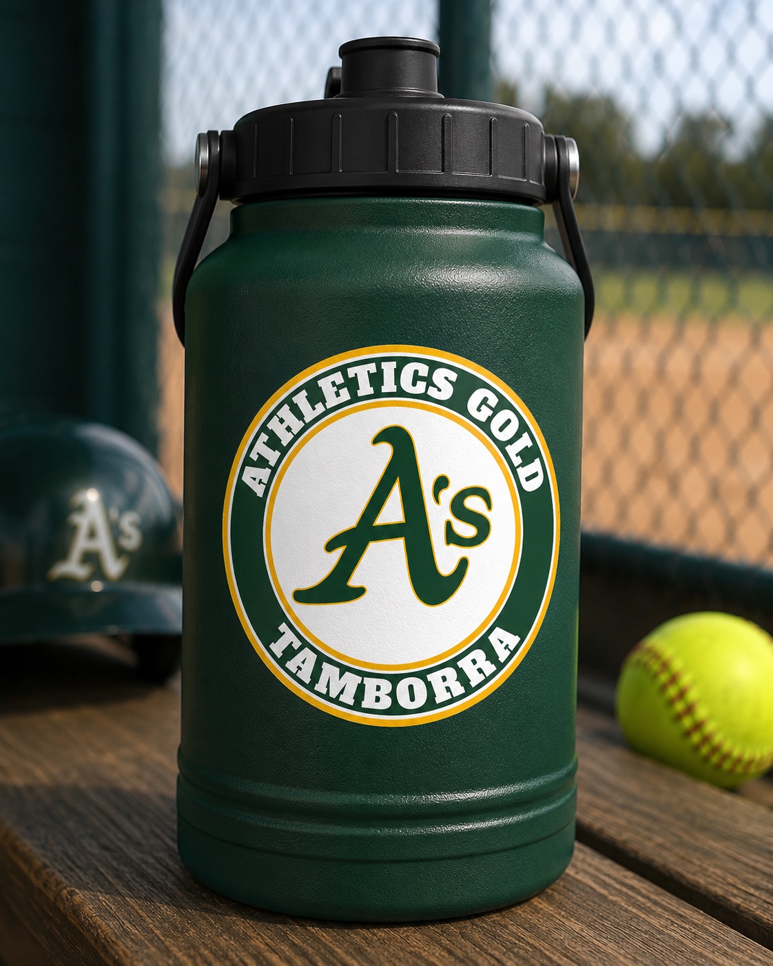 Athletics Gold circular badge on green water jug