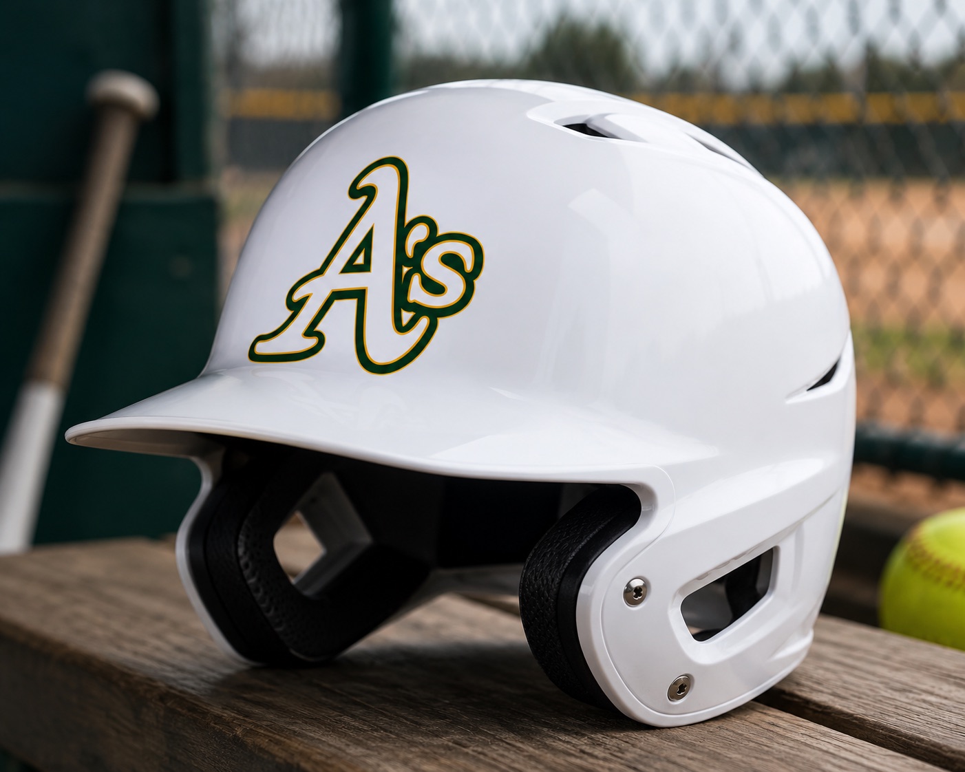 Athletics Gold A's mark on white batting helmet