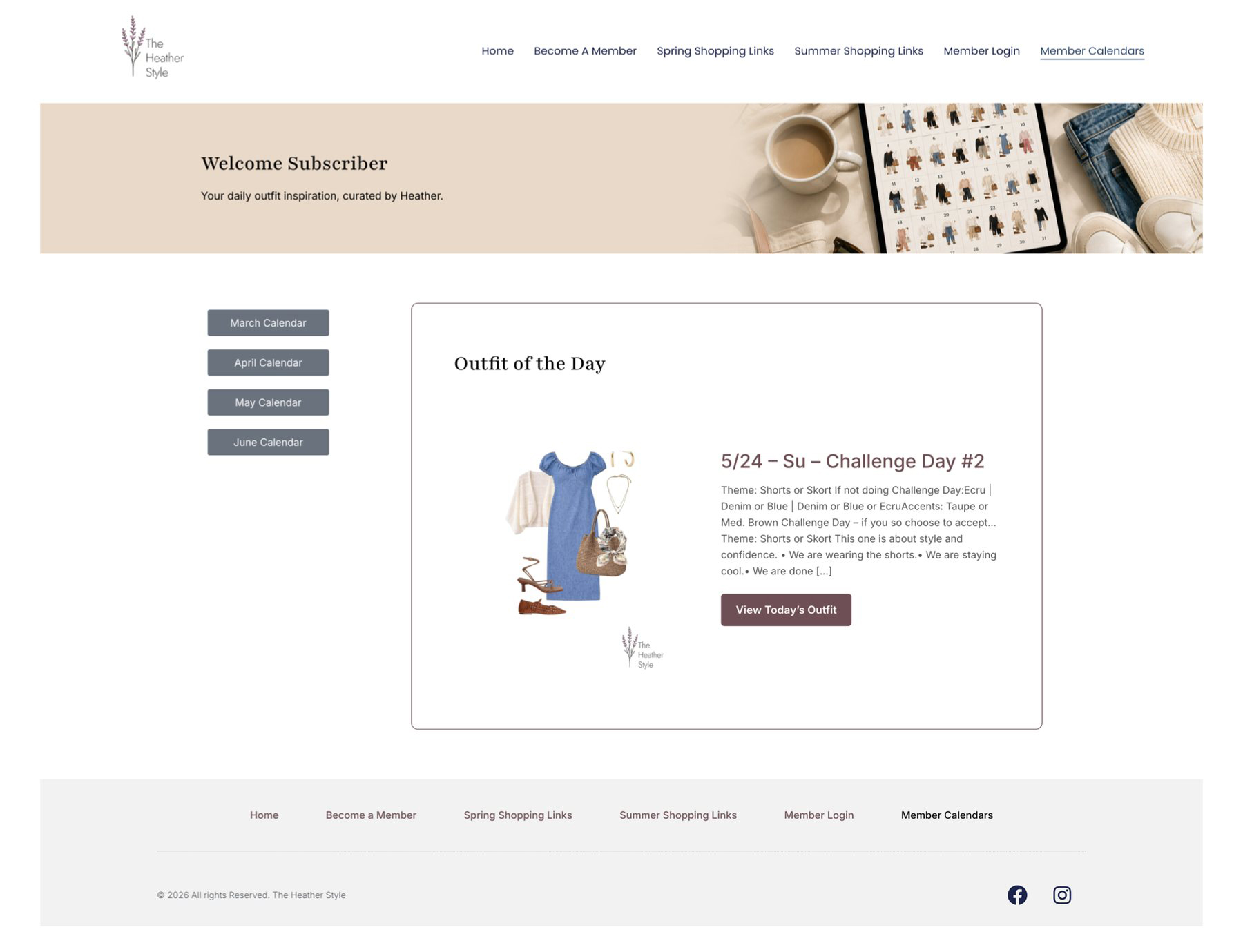 The Heather Style member calendar and outfit of the day interface